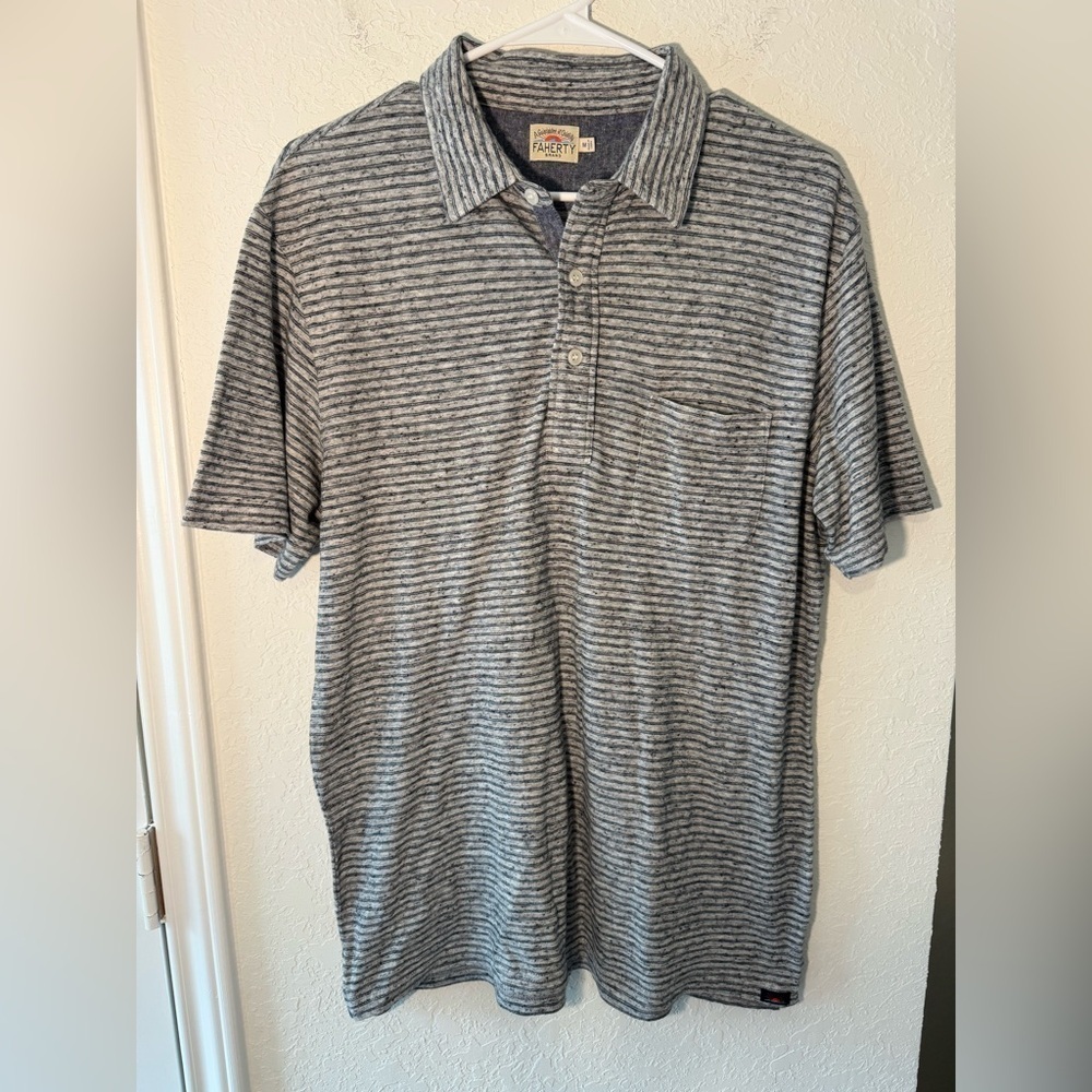 Faherty Brand Indigo Polo Baypoint Stripe Gray Short Sleeve Mens Size Medium